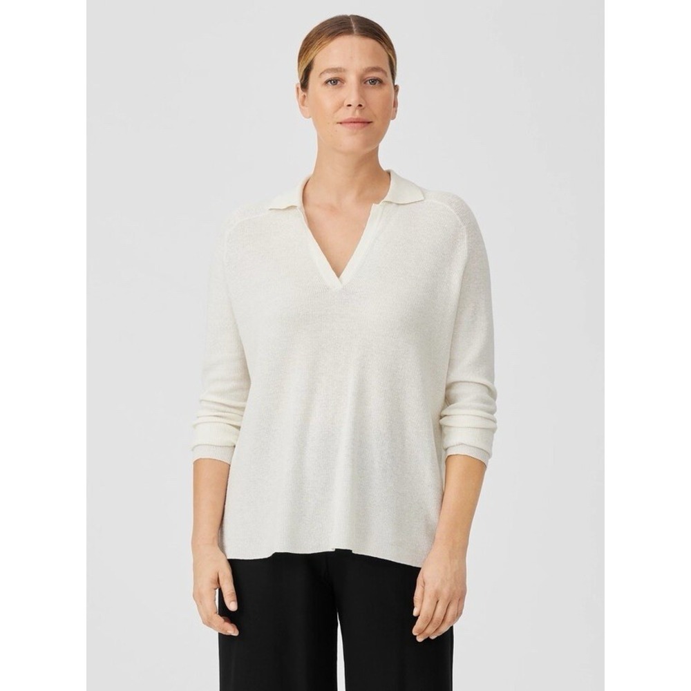 Eileen Fisher Linen Crepe Stretch Top Boxy Ivory Cream Classic Collar Texture M - Picture 1 of 16